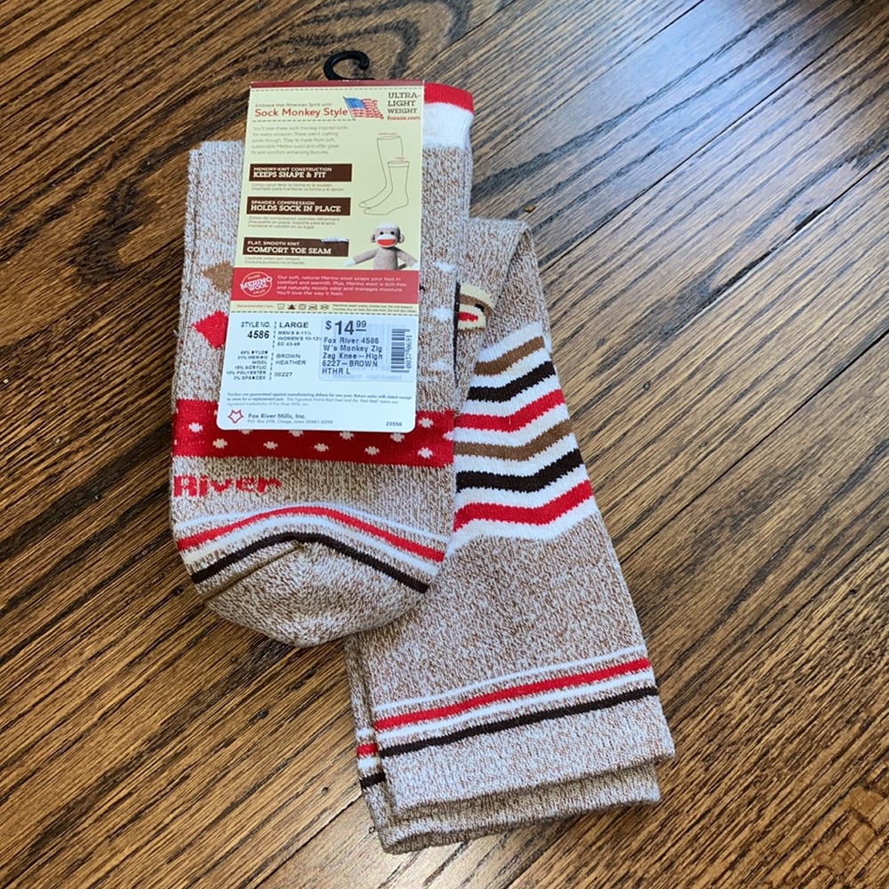 Sock Monkey socks. Fox river ultra lightweight Marino long socks.